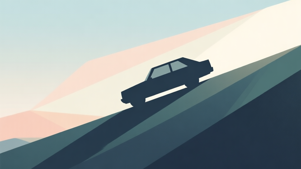 Abstract geometric composition with a vehicle silhouette on a steep slope, soft gradient background representing a hill, clean minimal design, professional game concept illustration high quality illustration, detailed, 16:9