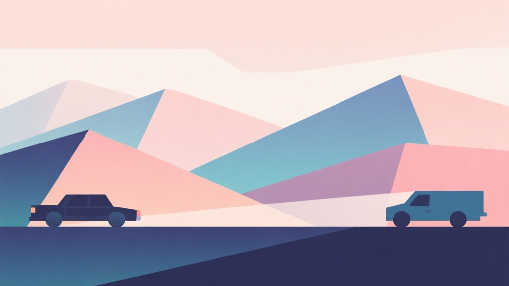 Abstract geometric composition with overlapping shapes representing hills and vehicles, soft pastel colors, modern minimal style, professional gaming concept illustration high quality illustration, detailed, 16:9