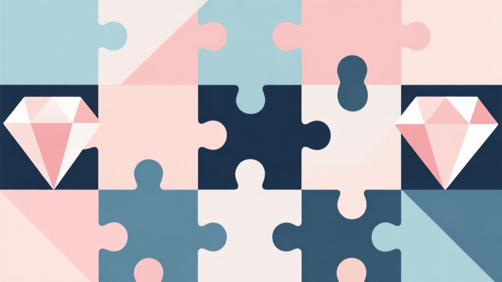 Abstract geometric composition with overlapping puzzle pieces and gem shapes, soft pastel colors, modern minimal style, professional comparison concept illustration high quality illustration, detailed, 16:9