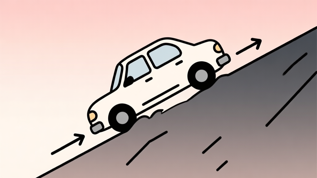 A minimalist side-view illustration of a cartoon car struggling on a steep hill slope, with arrows indicating loss of momentum and incorrect angle, soft gradient background, clean lines high quality illustration, detailed, 16:9