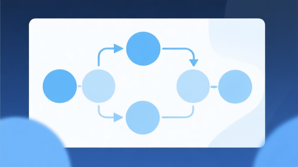 Simple flowchart illustration with connected circles and arrows, light blue and white color scheme, clean minimal design, business presentation style high quality illustration, detailed, 16:9