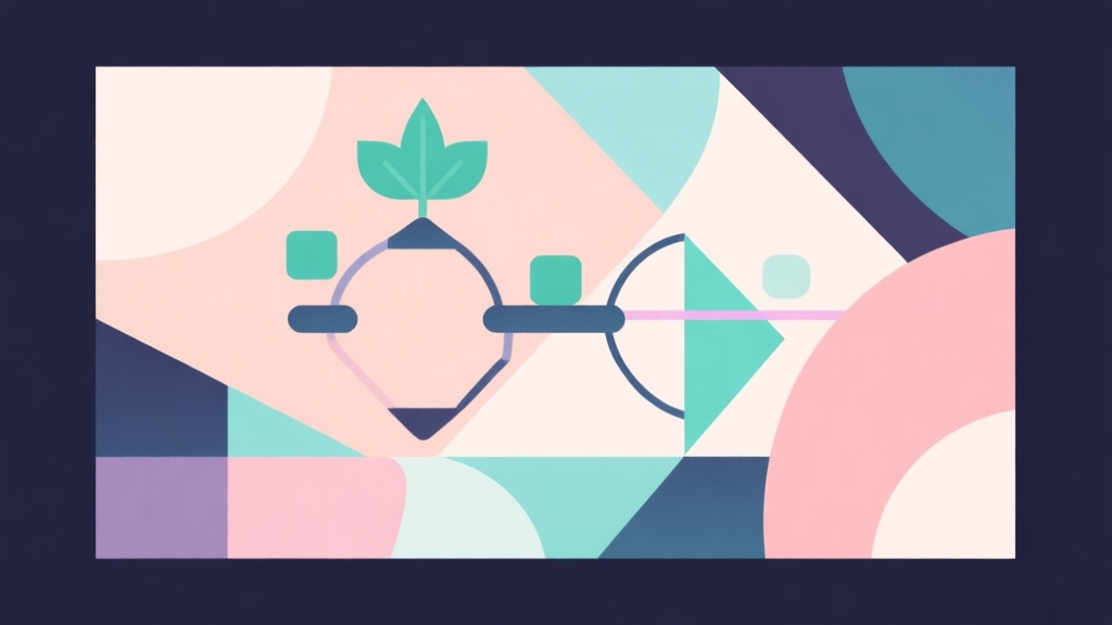 Abstract geometric composition with overlapping shapes representing evolution and connection, soft pastel colors, modern minimal style, professional game design concept illustration high quality illustration, detailed, 16:9