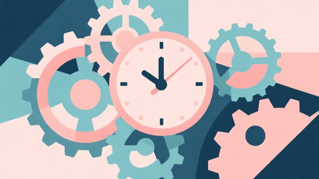 Abstract geometric composition with overlapping gears and clock faces, soft pastel colors, modern minimal style, professional game design concept illustration high quality illustration, detailed, 16:9