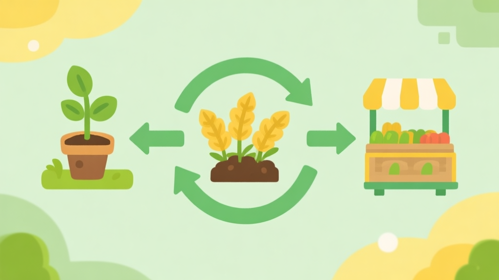 Simple flowchart illustration showing a cycle of planting, harvesting, and connecting to a market, with soft green and yellow color scheme, clean flat design, game strategy concept high quality illustration, detailed, 16:9