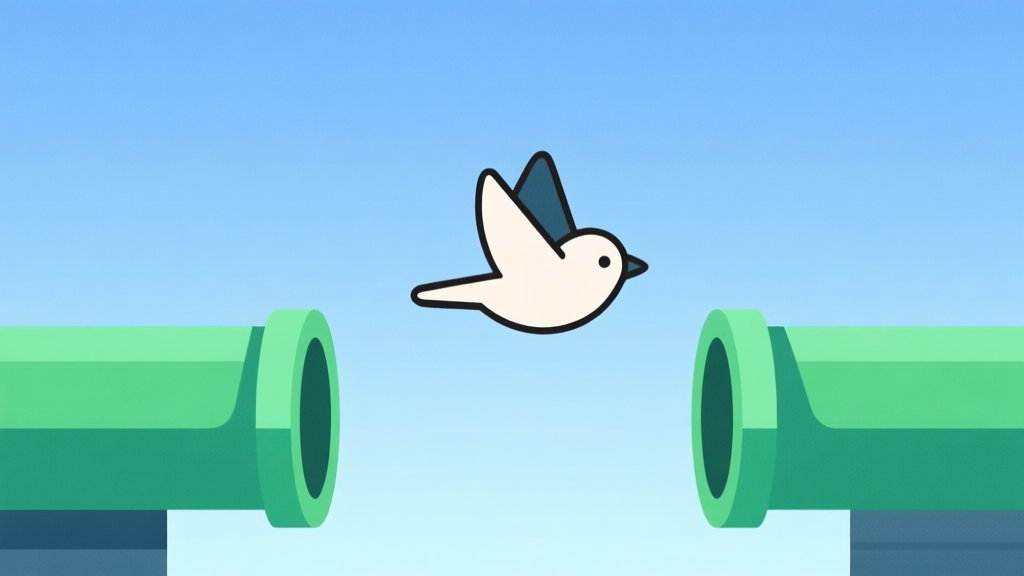 A minimalist side-view of a simple bird character mid-flight between two green pipe obstacles, on a soft blue gradient background, clean geometric shapes, flat design style, conveying a calm and focused game moment high quality illustration, detailed, 16:9