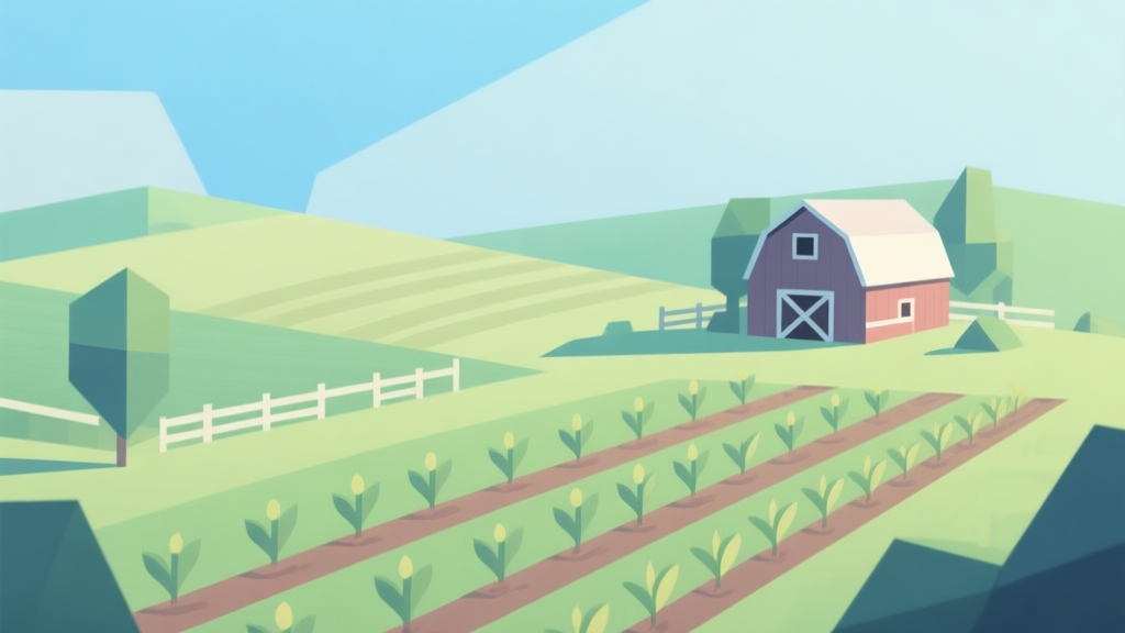Abstract geometric farm landscape with simple crop rows and barn, soft green and blue pastel colors, clean minimal design, peaceful game concept illustration high quality illustration, detailed, 16:9