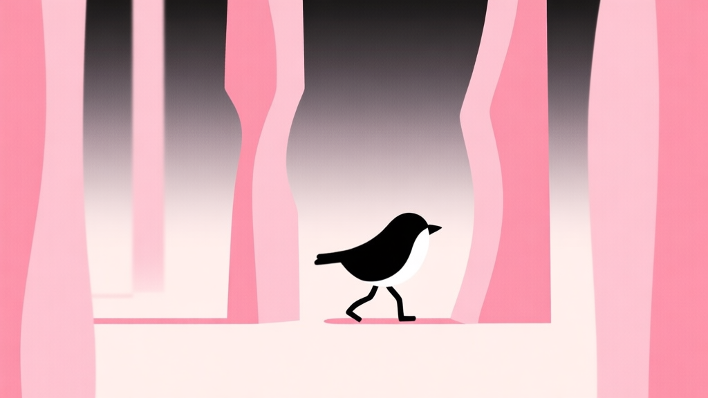 A minimalist illustration of a simple bird-like character navigating between abstract, stylized pink pillars, with a focus on clean lines and a soft, gradient background, conveying tension and simplicity high quality illustration, detailed, 16:9