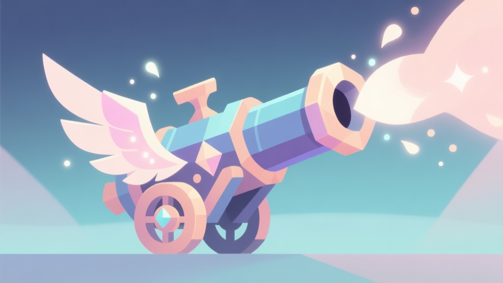 Abstract geometric composition with a magical cannon shape intertwined with wing motifs and soft light particles, pastel colors, clean minimal style, fantasy game concept illustration high quality illustration, detailed, 16:9