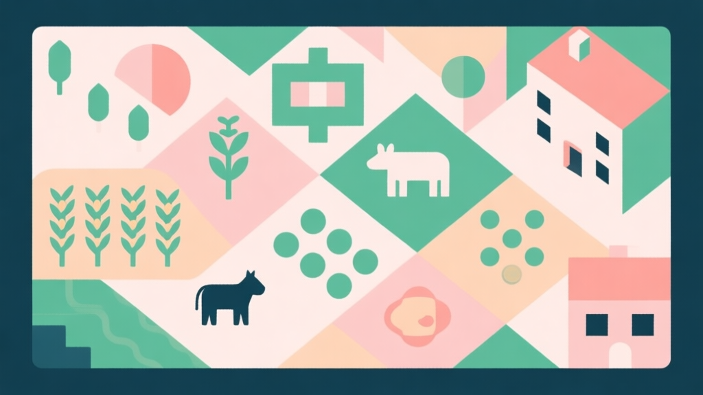 Abstract geometric composition with overlapping shapes representing game elements like crops, animals, and buildings, soft pastel colors, modern minimal style, professional comparison concept illustration high quality illustration, detailed, 16:9