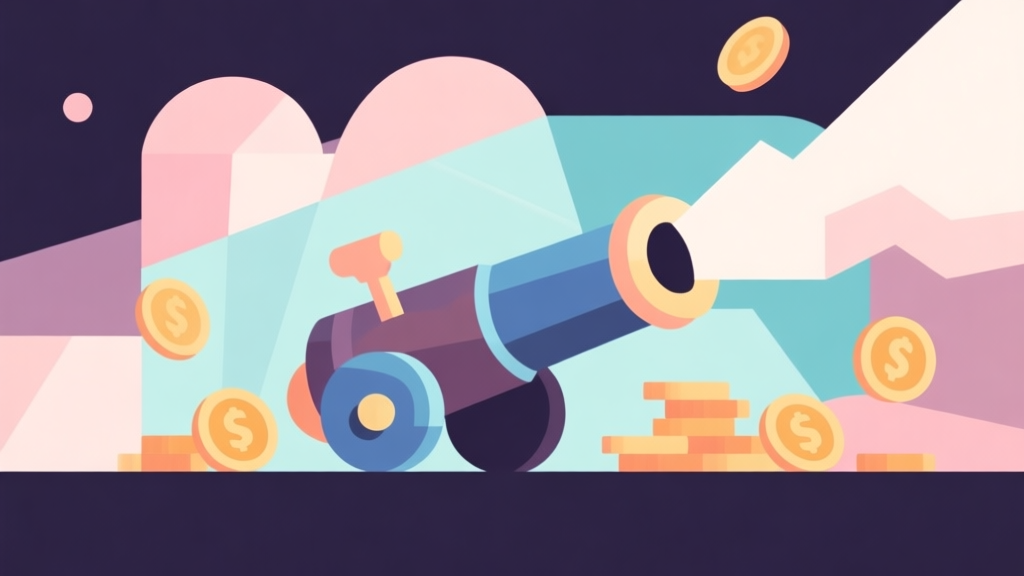Abstract geometric composition with overlapping shapes representing a magical cannon and coins, soft pastel colors, modern minimal style, professional game analysis concept illustration high quality illustration, detailed, 16:9
