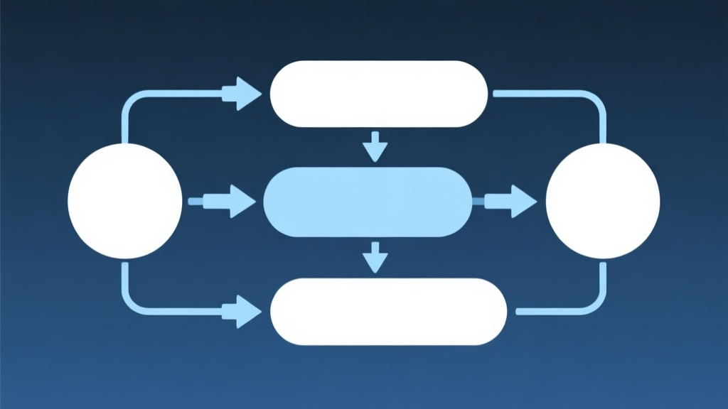 Simple flowchart illustration with connected circles and arrows, light blue and white color scheme, clean minimal design, business presentation style high quality illustration, detailed, 16:9