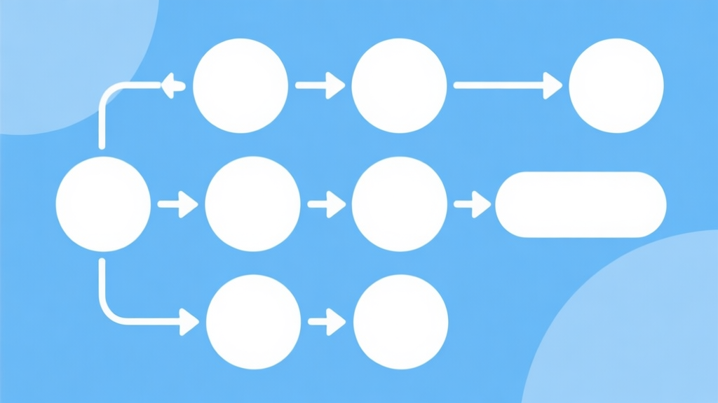Simple flowchart illustration with connected circles and arrows, light blue and white color scheme, clean minimal design, business presentation style high quality illustration, detailed, 16:9