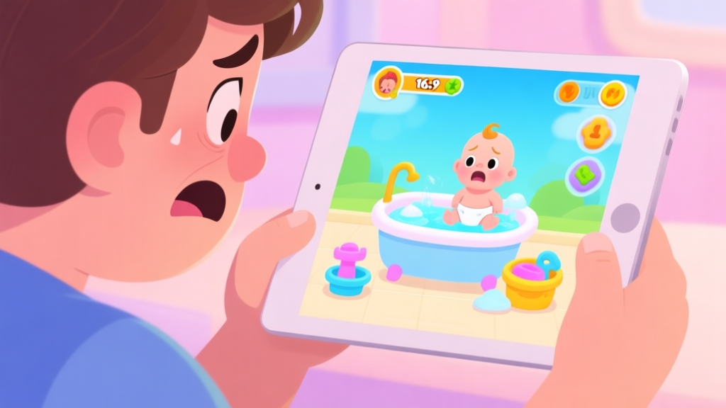 A frustrated player looking at a tablet screen showing a failed mission in a colorful kids game, with a virtual baby character and bath toys, soft pastel colors, cartoon style illustration high quality illustration, detailed, 16:9