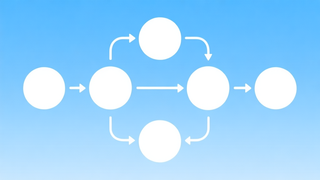 Simple flowchart illustration with connected circles and arrows, light blue and white color scheme, clean minimal design, business presentation style high quality illustration, detailed, 16:9