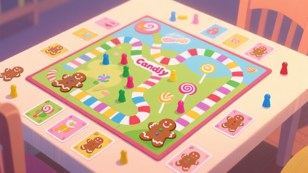 A colorful and inviting Candy Land game board spread out on a table, with gingerbread pawns and illustrated cards, soft lighting, from a top-down perspective, cheerful and simple illustration style high quality illustration, detailed, 16:9