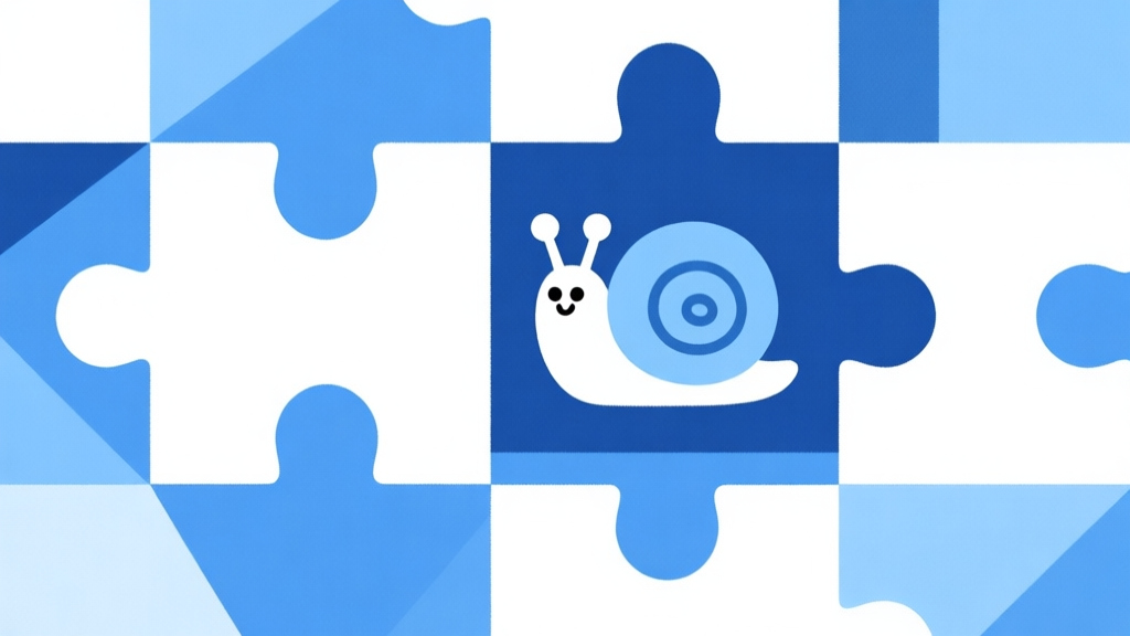 Abstract geometric composition with overlapping shapes in winter blue and white color scheme, clean minimal style, representing a puzzle game concept with a snail character high quality illustration, detailed, 16:9