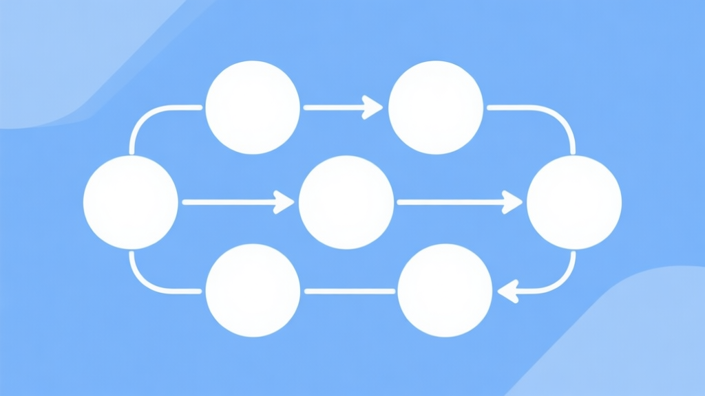 Simple flowchart illustration with connected circles and arrows, light blue and white color scheme, clean minimal design, business presentation style high quality illustration, detailed, 16:9