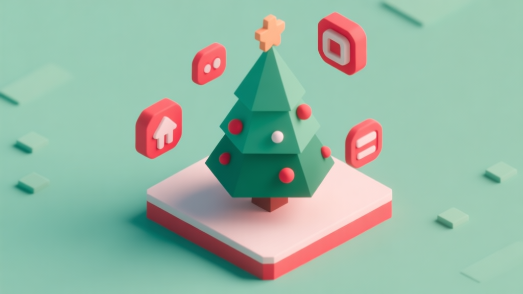 A minimalist isometric view of a Christmas tree with icons representing theme, density, and symmetry floating around it, soft red and green color scheme, clean game UI style, geometric shapes high quality illustration, detailed, 16:9