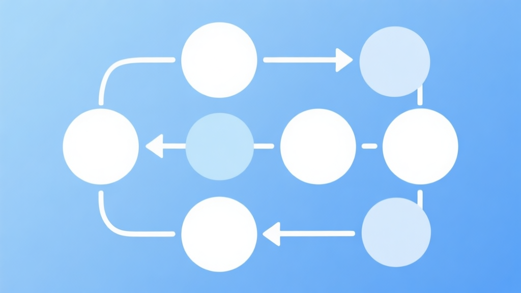 Simple flowchart illustration with connected circles and arrows, light blue and white color scheme, clean minimal design, business presentation style high quality illustration, detailed, 16:9