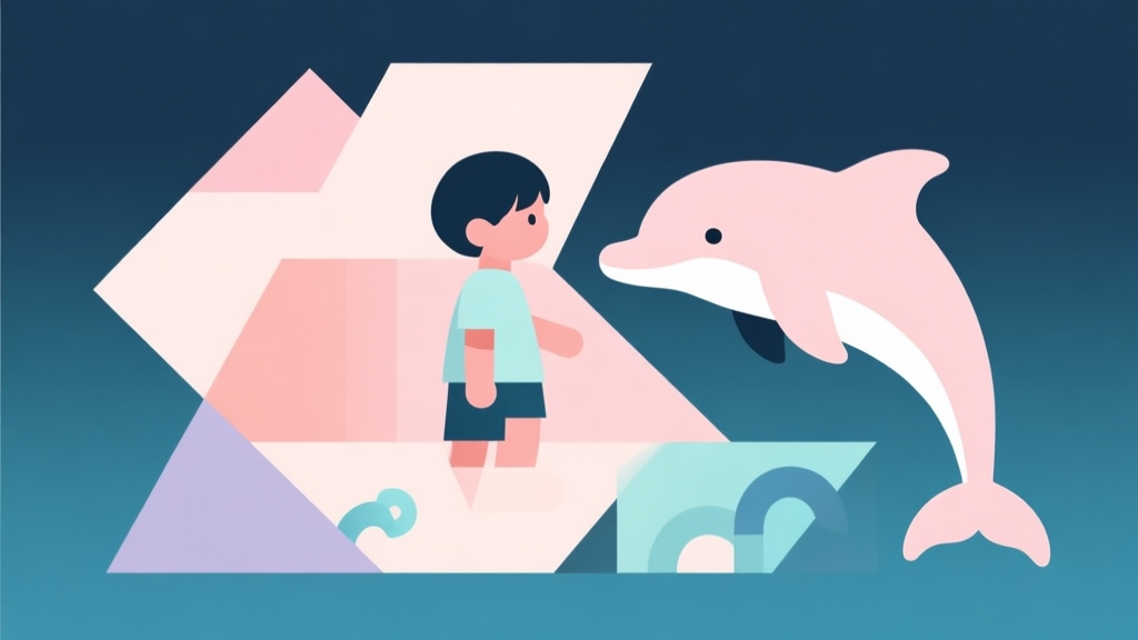 Abstract geometric composition with overlapping shapes representing a child and a dolphin, soft pastel colors, modern minimal style, professional concept illustration of digital safety and play high quality illustration, detailed, 16:9