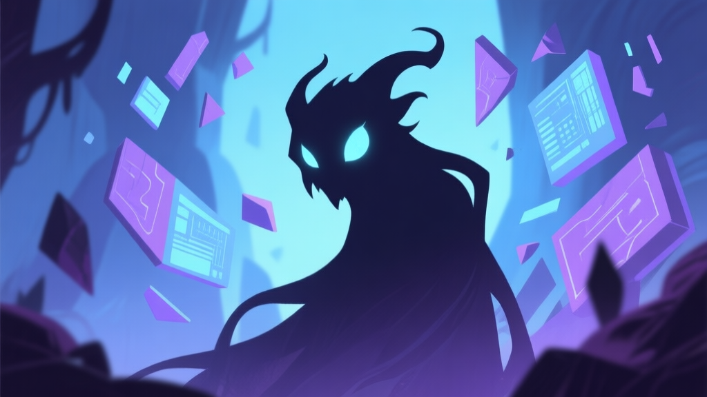A mysterious, shadowy creature silhouette in a fantasy game setting, with glowing eyes and abstract geometric shapes representing data and lore fragments around it, soft blue and purple color scheme, clean digital art style high quality illustration, detailed, 16:9