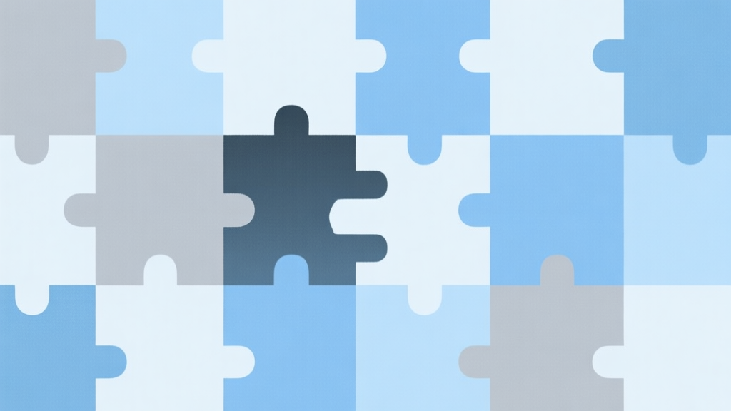 Abstract geometric puzzle with missing pieces, soft blue and grey color scheme, clean minimal design, problem-solving concept illustration high quality illustration, detailed, 16:9