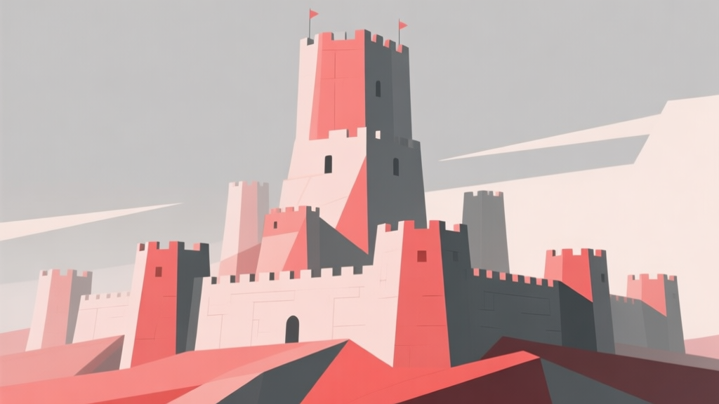 Abstract geometric fortress with a towering central structure, surrounded by smaller defensive shapes, soft red and grey color scheme, clean minimal design, strategic challenge concept high quality illustration, detailed, 16:9