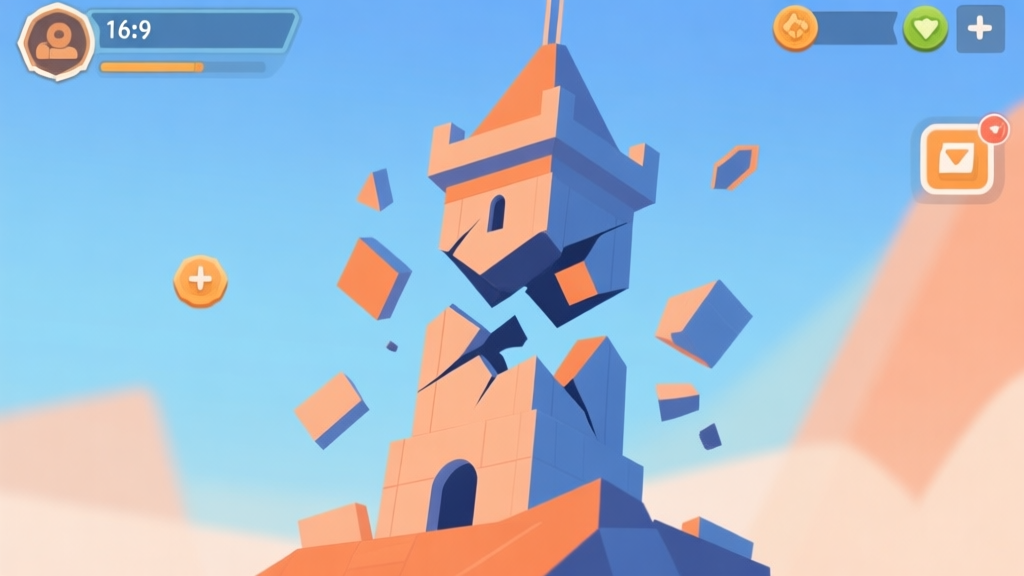 Abstract geometric composition of a stylized tower crumbling into pieces, game UI elements floating around, soft blue and orange color scheme, digital art style, clean lines high quality illustration, detailed, 16:9
