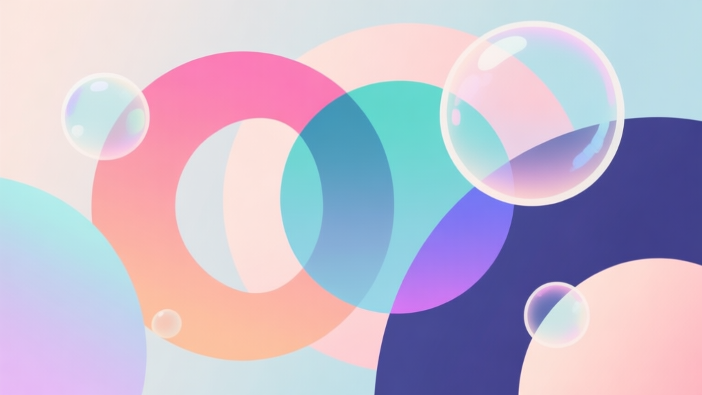 Abstract geometric composition with overlapping colored circles and bubbles, soft pastel colors, modern minimal style, professional game concept illustration high quality illustration, detailed, 16:9