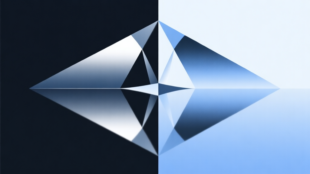 Abstract geometric composition with mirrored symmetrical shapes, one side dark and one side light, soft blue and silver color scheme, modern minimal style, concept of reflection and duality high quality illustration, detailed, 16:9