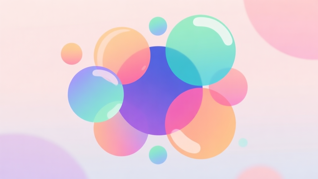 Abstract geometric composition with overlapping colorful bubbles and circles, soft pastel background, clean minimal style, modern mobile game concept illustration high quality illustration, detailed, 16:9