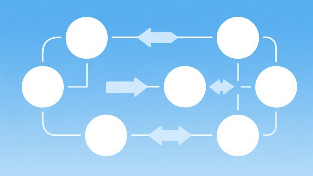 Simple flowchart illustration with connected circles and arrows, light blue and white color scheme, clean minimal design, business presentation style high quality illustration, detailed, 16:9