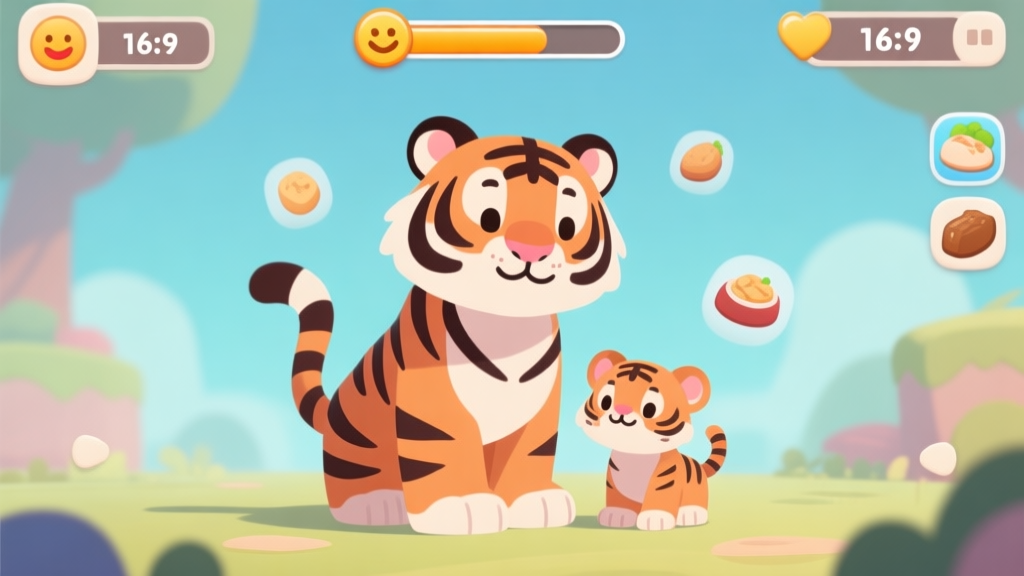 A cute and stylized illustration of a mother tiger and her cub in a virtual game environment, with simple UI elements like a happiness bar and food icons floating around, soft colors, digital art style high quality illustration, detailed, 16:9