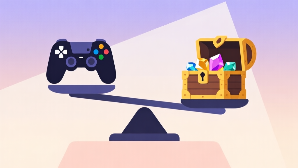 A minimalist illustration of a scale balancing a video game controller on one side and a treasure chest with gems on the other, soft gradient background, clean geometric shapes, professional color scheme high quality illustration, detailed, 16:9