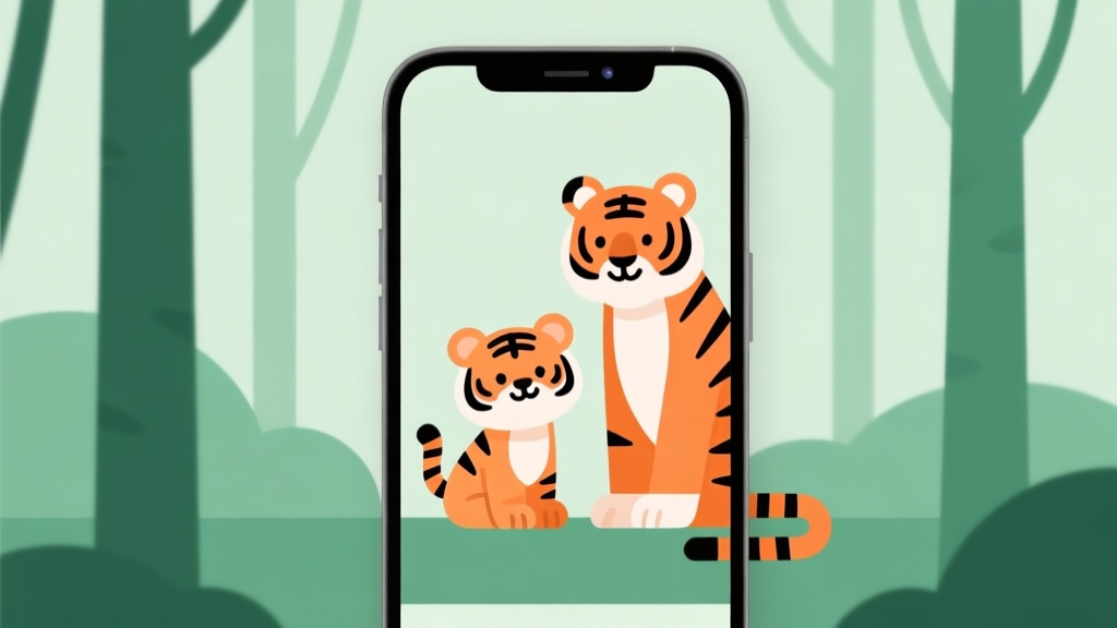 A minimalist illustration of a smartphone screen showing a stylized, cute tiger cub and mother tiger in a simple forest setting, with soft green and orange color palette, clean lines, flat design style high quality illustration, detailed, 16:9
