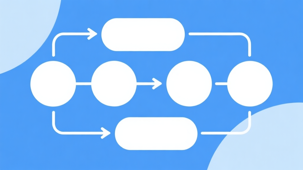 Simple flowchart illustration with connected circles and arrows, light blue and white color scheme, clean minimal design, business presentation style high quality illustration, detailed, 16:9