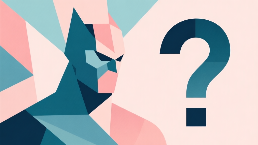 Abstract geometric composition with overlapping shapes representing a powerful character and a question mark, soft pastel colors, modern minimal style, professional analysis concept illustration high quality illustration, detailed, 16:9