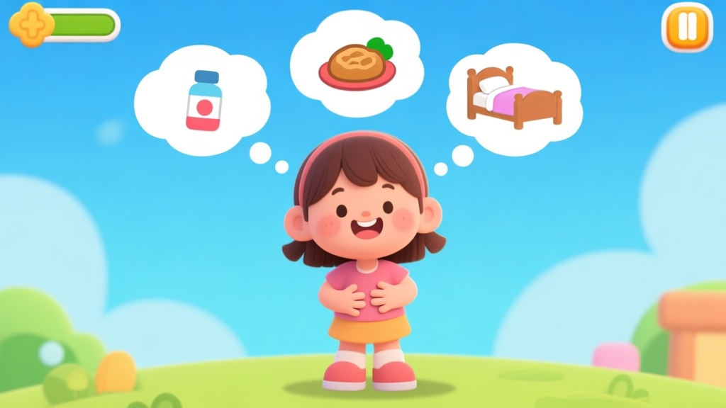 A cheerful cartoon scene of a little girl character holding her stomach, with thought bubbles showing simple icons of medicine, food, and a bed, in a bright and friendly children's game art style high quality illustration, detailed, 16:9