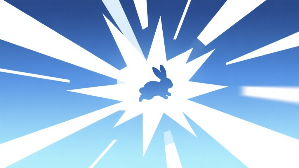 Abstract geometric composition showing a burst of speed from a central point, with motion lines and a subtle rabbit silhouette, soft blue and white gradient background, clean digital art style, minimalist game UI concept high quality illustration, detailed, 16:9
