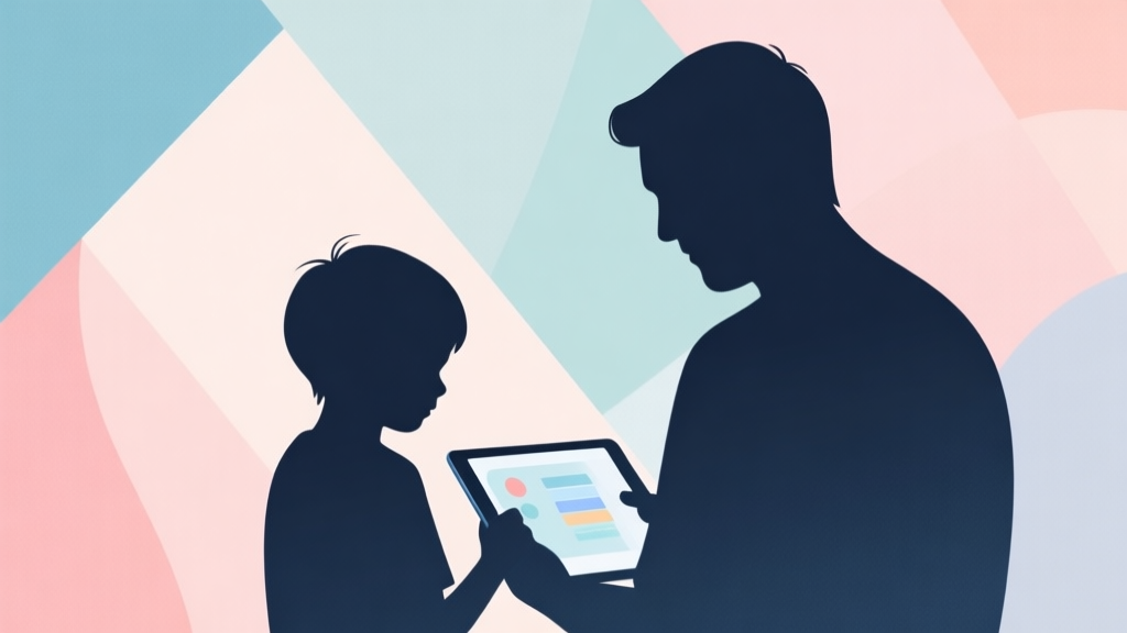 Abstract geometric composition with a parent and child silhouette looking at a tablet screen, soft pastel colors, modern minimal style, concept of digital parenting and educational choice high quality illustration, detailed, 16:9
