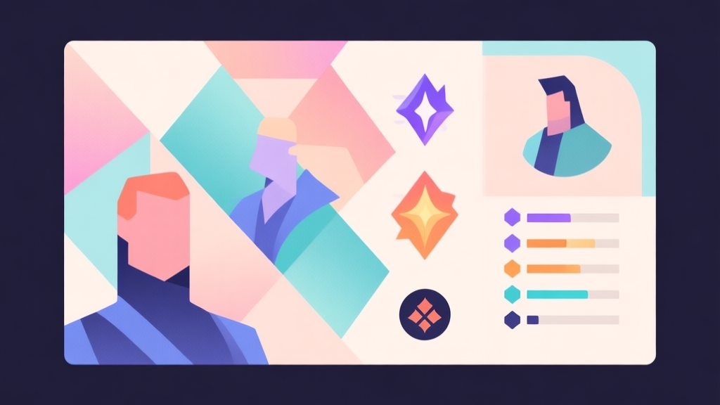 Abstract geometric composition with overlapping shapes representing character skills and stats, soft pastel colors, modern minimal style, professional game guide concept illustration high quality illustration, detailed, 16:9
