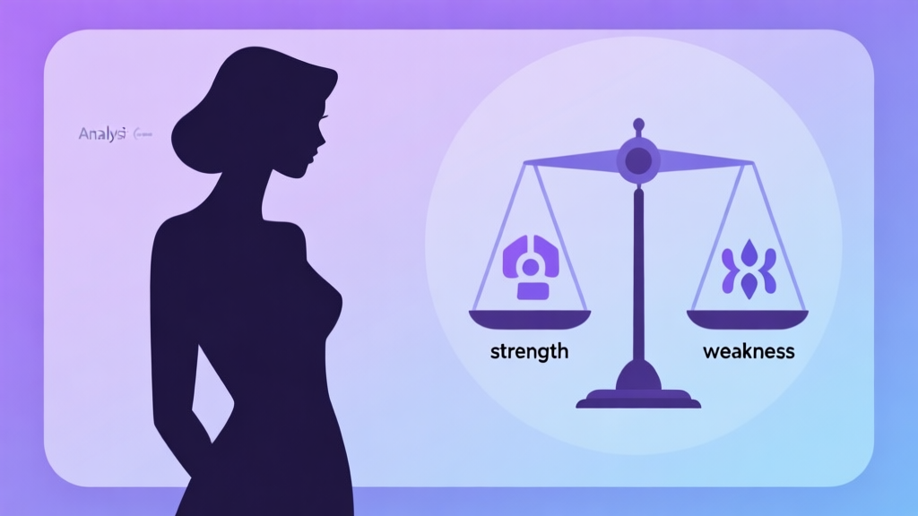 A minimalist character analysis dashboard showing a silhouette of an elegant female character on one side, and balanced scales with abstract icons for "strength" and "weakness" on the other, soft purple and blue gradient background, clean geometric design high quality illustration, detailed, 16:9