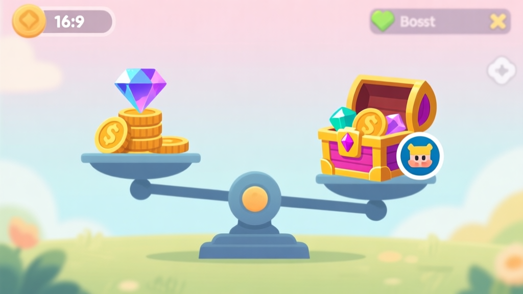 A balanced scale with one side holding a gem and coin stack, the other side holding a vibrant in-game reward chest and character boost icon, soft summer pastel background, clean game UI style, minimalist illustration high quality illustration, detailed, 16:9