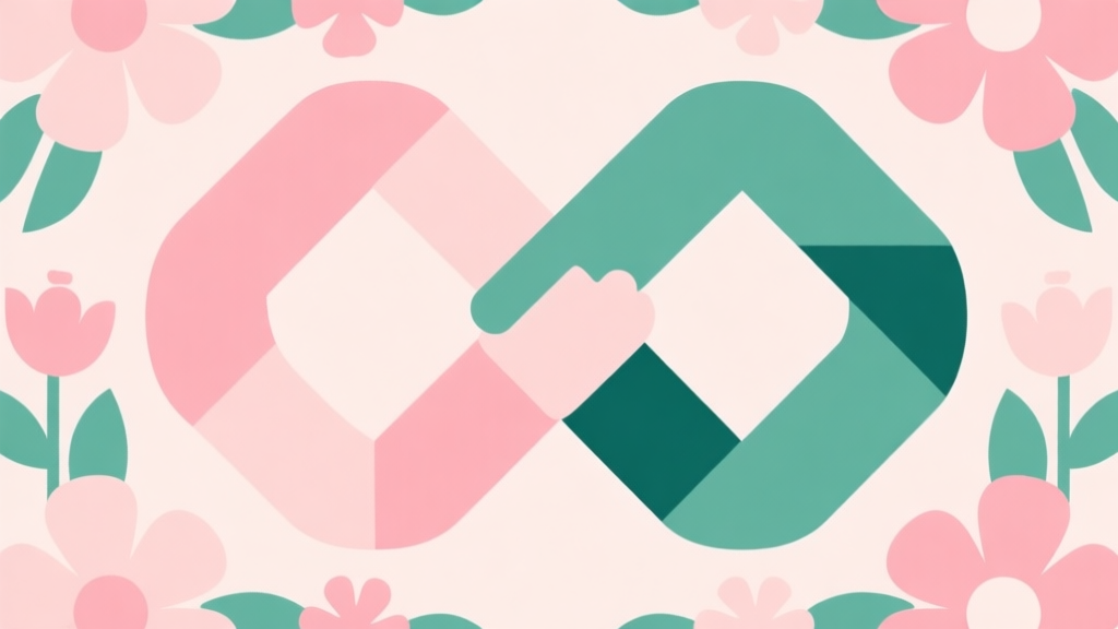 Abstract geometric composition with two interconnected shapes among floral patterns, soft pastel colors like pink and green, modern minimal style, professional concept illustration of partnership and synergy high quality illustration, detailed, 16:9