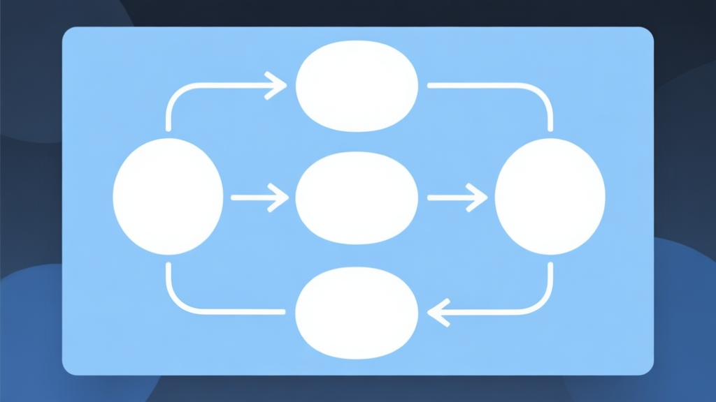 Simple flowchart illustration with connected circles and arrows, light blue and white color scheme, clean minimal design, business presentation style high quality illustration, detailed, 16:9