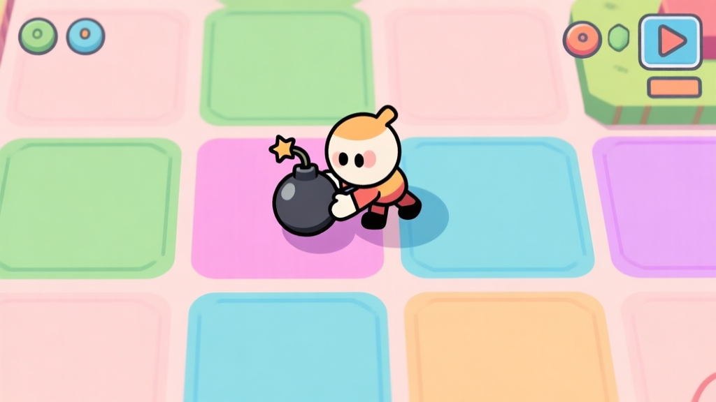 Simple top-down view of a colorful game grid with a cartoon character placing a bomb, soft pastel colors, clean minimal design, video game tutorial illustration high quality illustration, detailed, 16:9