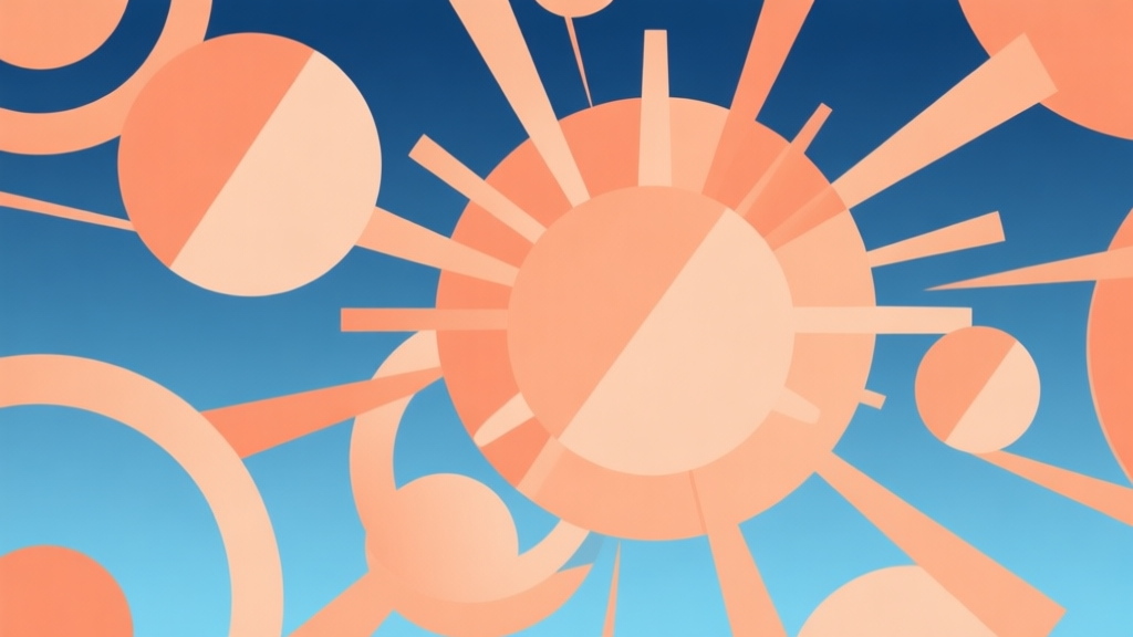 Abstract geometric composition with overlapping circular explosion patterns, soft orange and blue gradient, modern minimal style, professional game concept illustration high quality illustration, detailed, 16:9