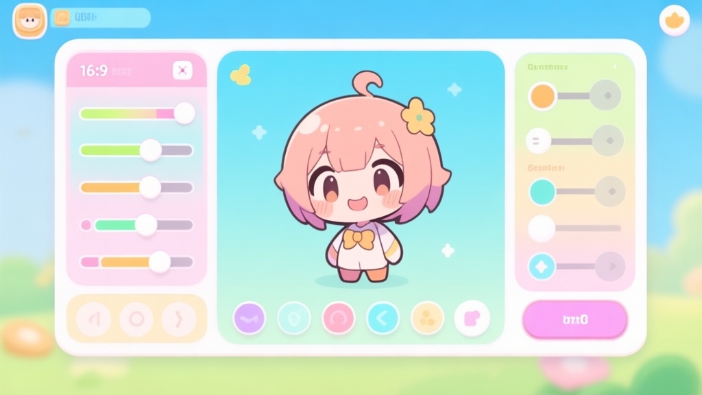 A bright, friendly digital interface showing a cute anime-style character creator with various sliders and selection panels, pastel color palette, clean and inviting design, minimalist game UI illustration high quality illustration, detailed, 16:9