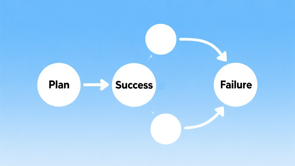 Simple flowchart illustration with connected circles and arrows representing decision points, light blue and white color scheme, clean minimal design, business presentation style, showing a path from "Plan" to "Success" and a divergent path to "Failure" high quality illustration, detailed, 16:9