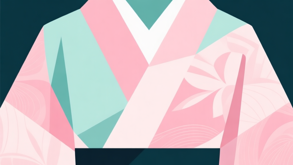 Abstract geometric composition with overlapping shapes representing kimono fabric patterns, soft pastel colors like pink and mint, modern minimal style, professional fashion concept illustration high quality illustration, detailed, 16:9
